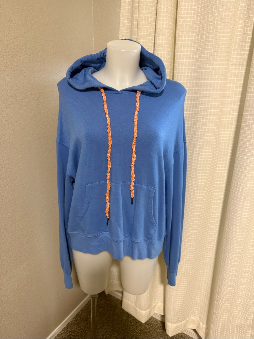 Monrow Blue Hooded Pullover with Orange Drawstrings Hoodie